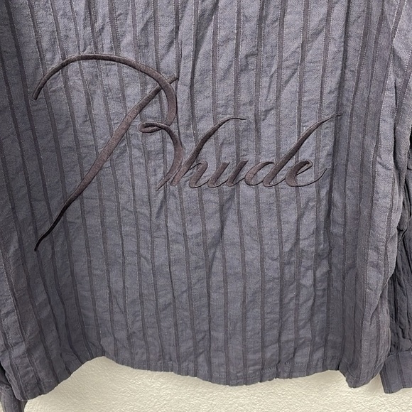 New Rhude Striped Cotton Shirt Button Front Gray Slate Embroidered Logo Mens M - Picture 7 of 16
